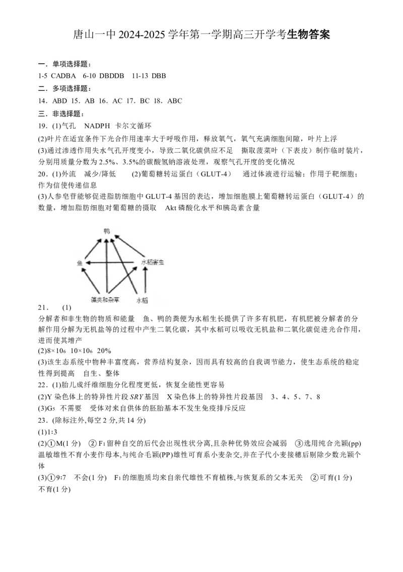河北省唐山市路南区唐山市第一中学2024-2025学年高三上学期开学考试生物试题参考答案_8月_240819河北省唐山一中2025届高三8月开学收心考试