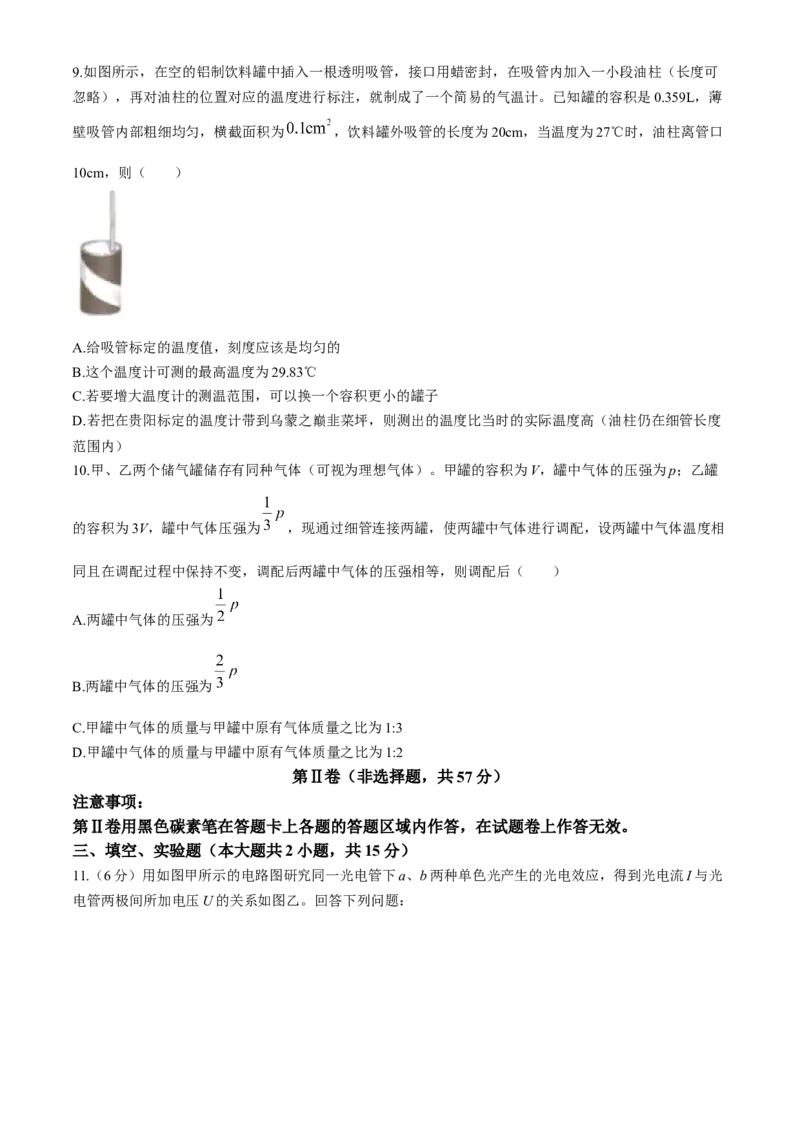 贵州省贵阳市第一中学2023-2024学年高二下学期第四次月考物理试卷（含答案）_6月_2406302024贵州省贵阳市第一中学高二下学期第四次月考