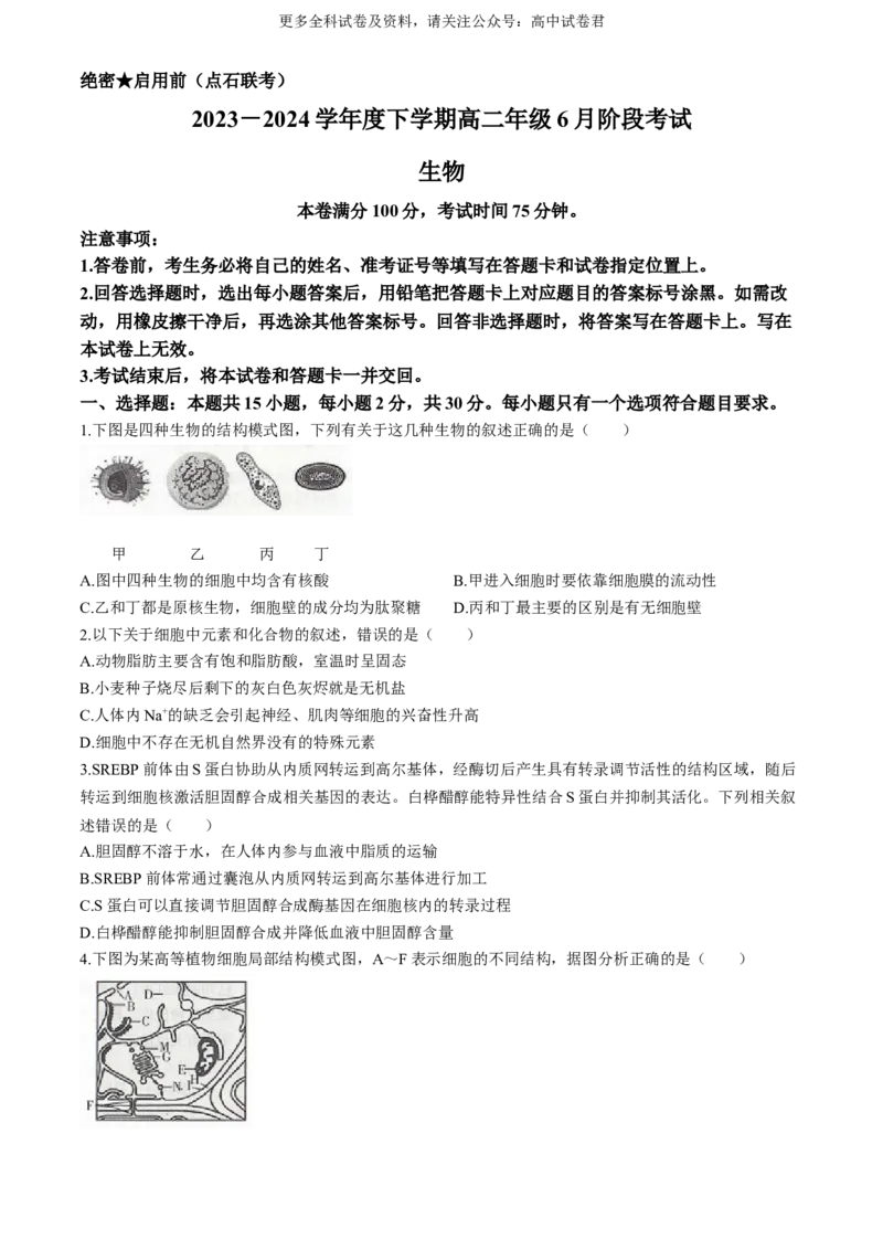 辽宁省（点石联考）2023-2024学年高二下学期6月阶段考生物试卷_6月_240616辽宁省（点石联考）2023-2024学年高二下学期6月份阶段考