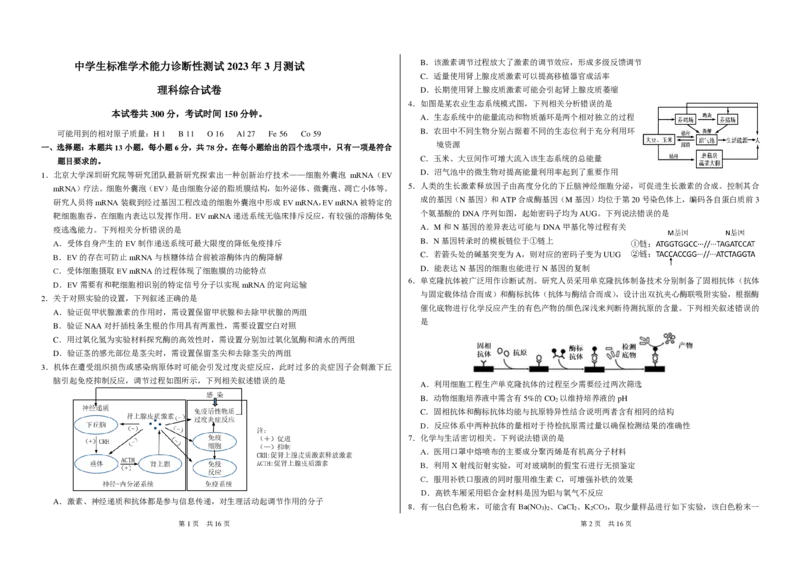 THUSSAT2023年3月诊断性测试理科综合试卷_2024年2月_01每日更新_16号_2023届THUSSAT中学生标准学术能力高三下学期3月月诊断性测试