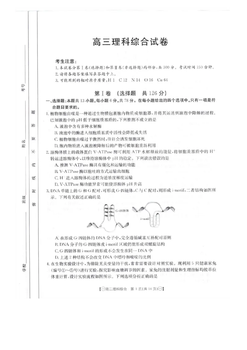 2024届高三第一次模拟理综_2024年4月_01按日期_10号_2024届金太阳（减号）青海宁夏陕西高三4月联考_金太阳2024届高三4月联考（减号）理综试题