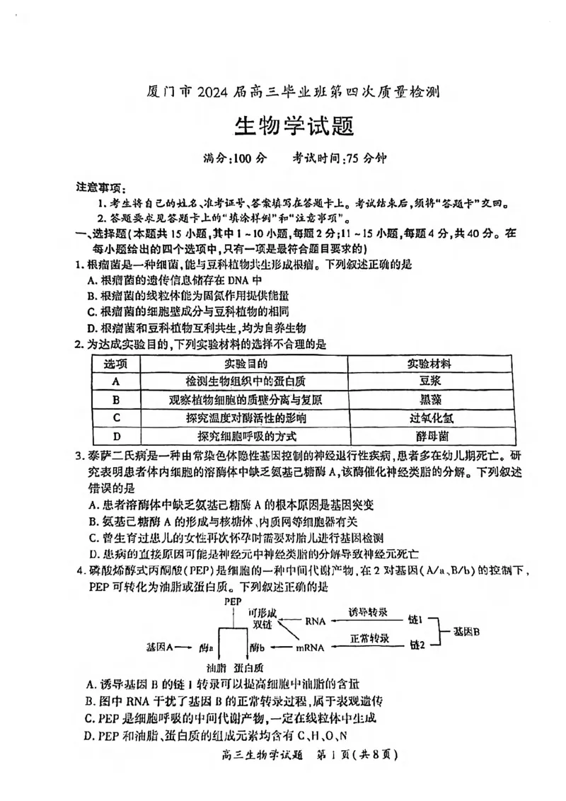 2024届福建省厦门市高三下学期第四次质量检测考试生物试题+答案(1)_2024年5月_025月合集_2024届福建省厦门市高三下学期联考模拟预测