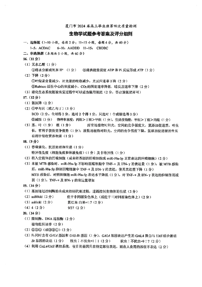 2024届福建省厦门市高三下学期第四次质量检测考试生物试题+答案(1)_2024年5月_025月合集_2024届福建省厦门市高三下学期联考模拟预测