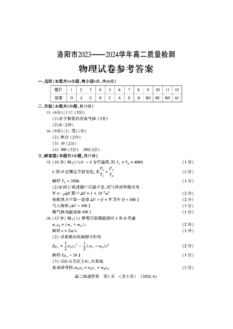 物理试卷及答案_6月_240613河南省洛阳市2023-2024学年高二下学期6月质量检测