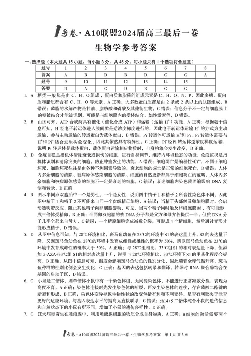 A10联盟最后一卷生物答案_2024年5月_01按日期_20号_2024届安徽省1号卷A10联盟高三最后一卷_安徽省1号卷A10联盟2024届高三最后一卷生物