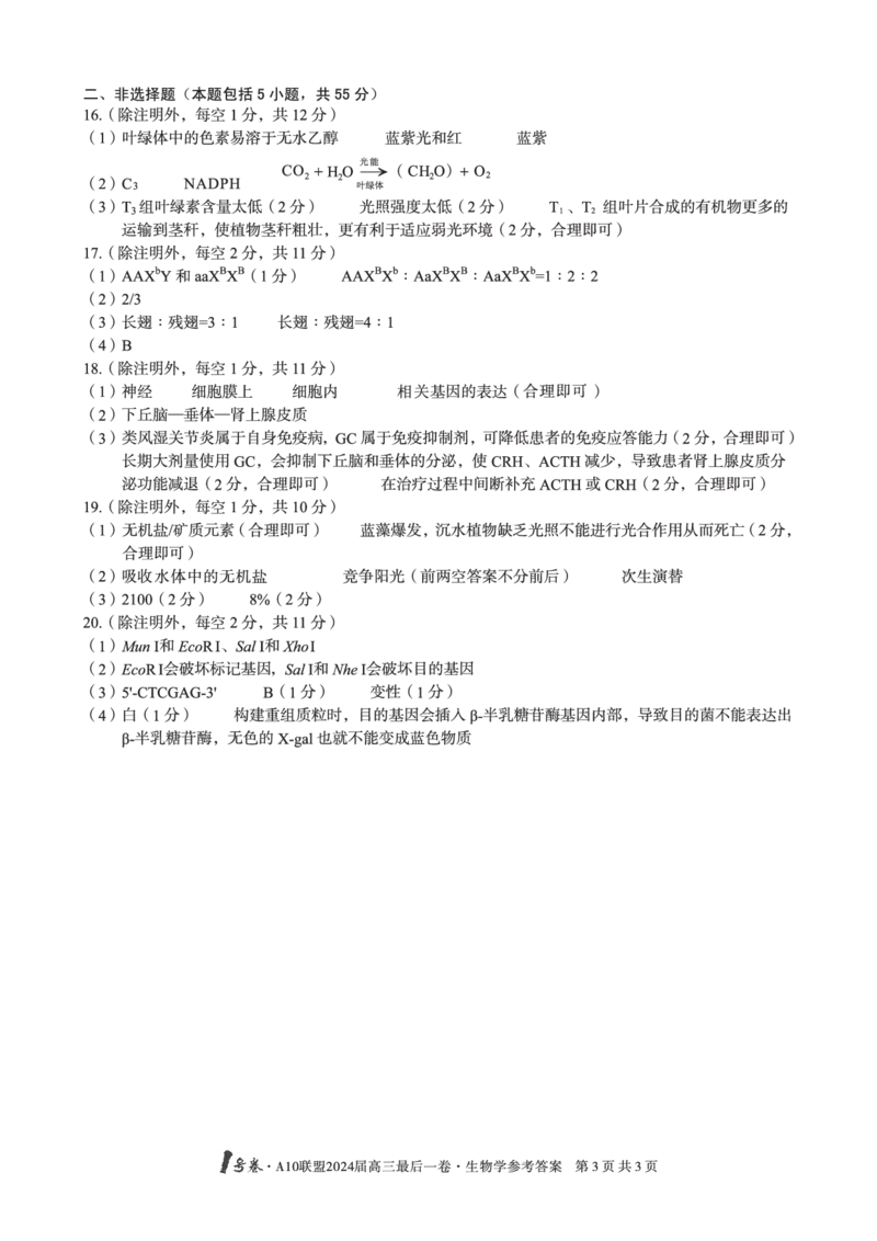 A10联盟最后一卷生物答案_2024年5月_01按日期_20号_2024届安徽省1号卷A10联盟高三最后一卷_安徽省1号卷A10联盟2024届高三最后一卷生物