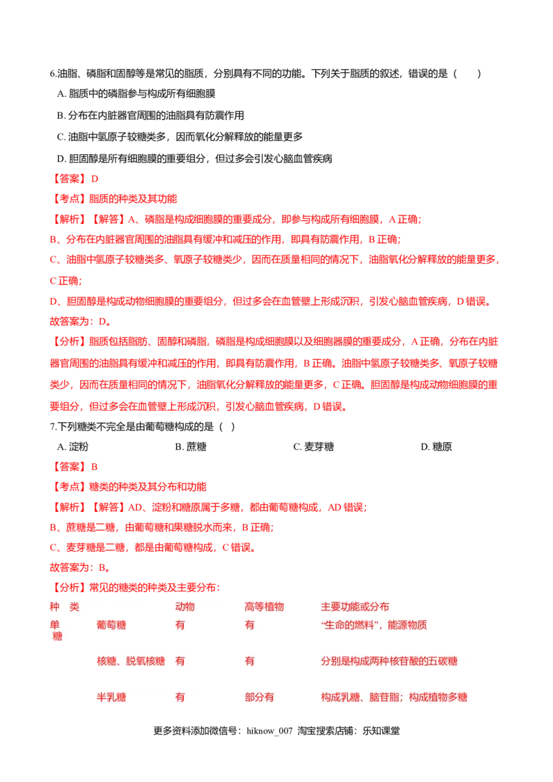 2.3细胞中的糖类和脂质-高一生物课后培优练（人教版2019必修1）（解析版）_E015高中全科试卷_生物试题_必修1_2.同步练习_3.同步练习（第三套）