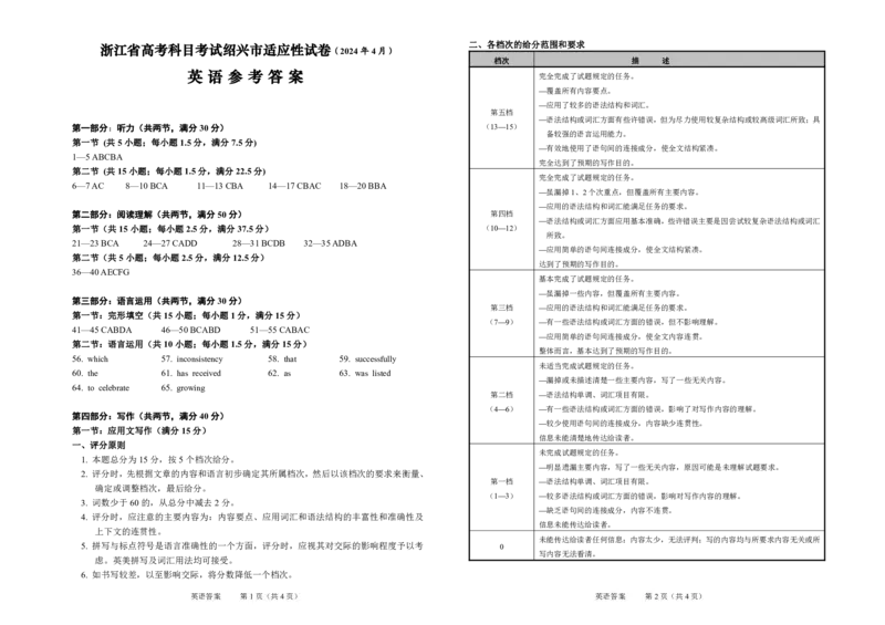 2024届浙江省绍兴市高三高考4月适应性考试（二模）英语参考答案(1)_2024年5月_025月合集_2024届浙江省绍兴市高三下学期4月适应性考试（二模）