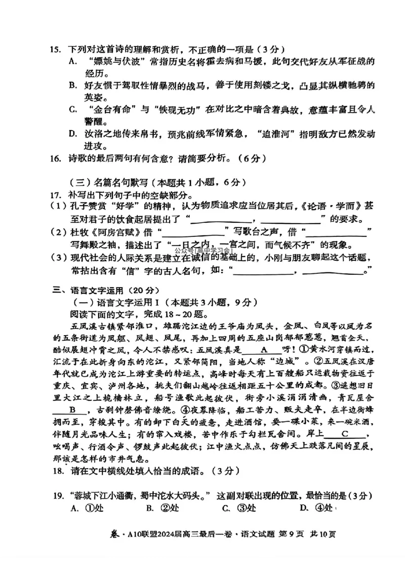 A10联盟最后一卷语文试卷_2024年5月_01按日期_20号_2024届安徽省1号卷A10联盟高三最后一卷_安徽省1号卷A10联盟2024届高三最后一卷语文