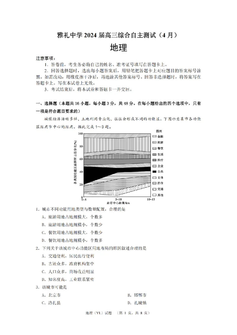 2024届湖南省长沙市雅礼中学高三下学期4月综合测试-地理试题+答案(1)_2024年4月_024月合集_2024届湖南省长沙市雅礼中学高三4月综合测试