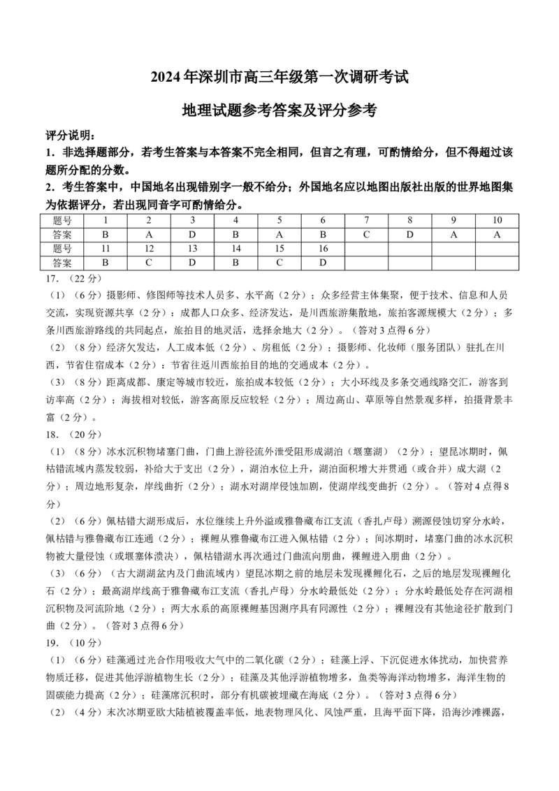 2024年深圳市高三年级第一次调研考试地理试题(1)_2024年3月_013月合集_2024届广东省深圳市高三一模考试