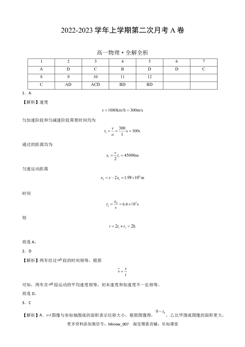 2022-2023学年高一物理上学期第二次月考A卷（2019人教版）（全解全析）_E015高中全科试卷_物理试题_必修1_5.月考试卷_2022-2023学年高一物理上学期第二次月考A卷（2019人教版）
