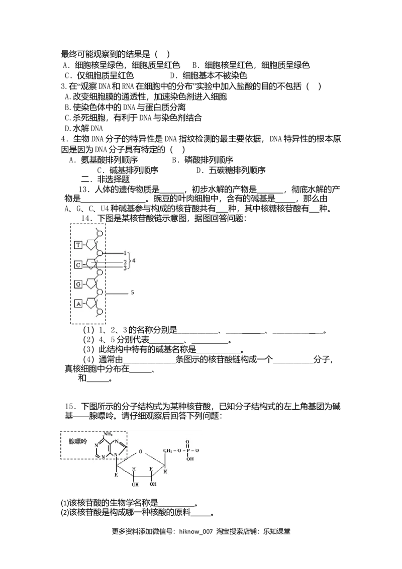 2.5核酸是遗传信息的携带者练习新教材人教版（2019）高中生物必修一_E015高中全科试卷_生物试题_必修1_2.同步练习_4.同步练习（第四套）