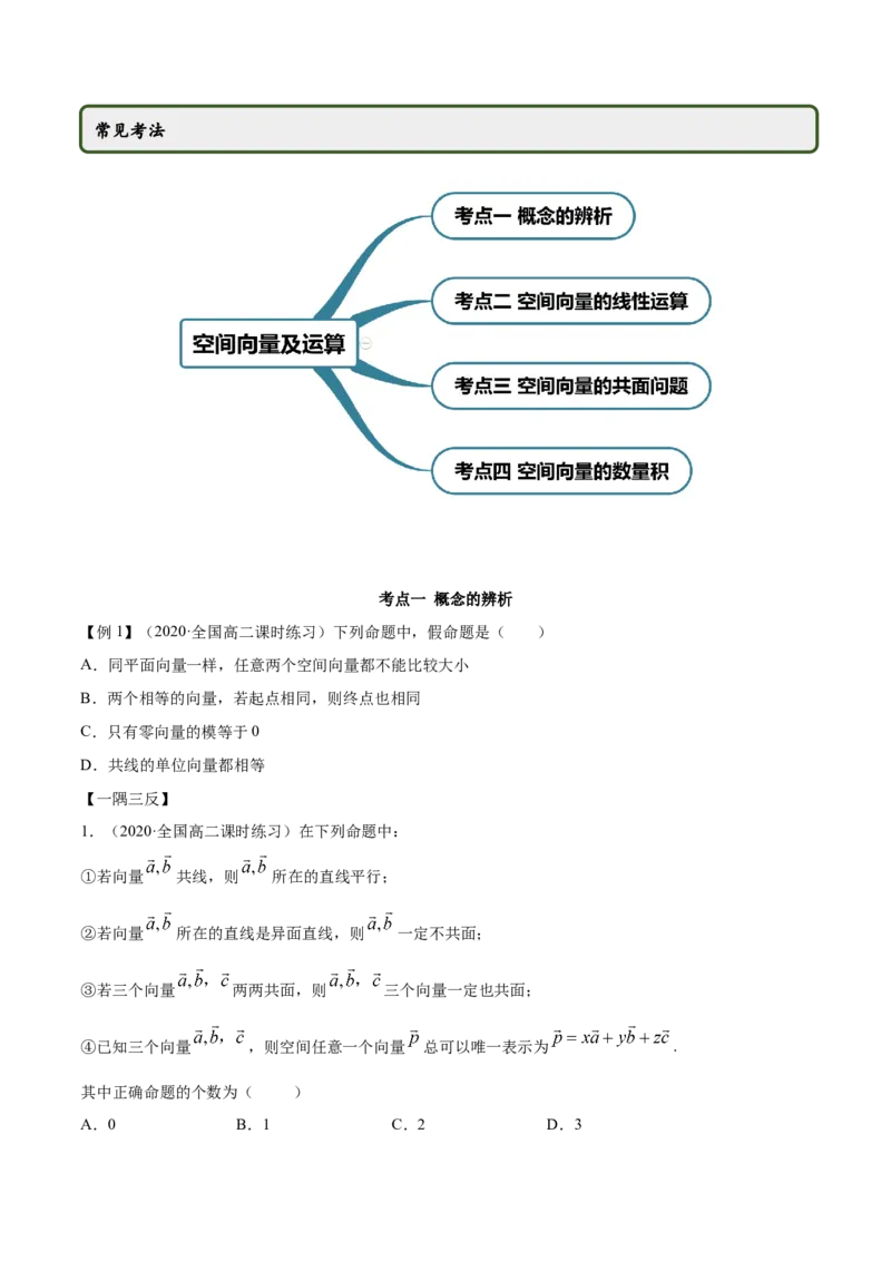 1.1空间向量及其运算（精讲）（原卷版）_E015高中全科试卷_数学试题_选修1_02.同步练习_3.同步练习_1.1空间向量及其运算（精讲）
