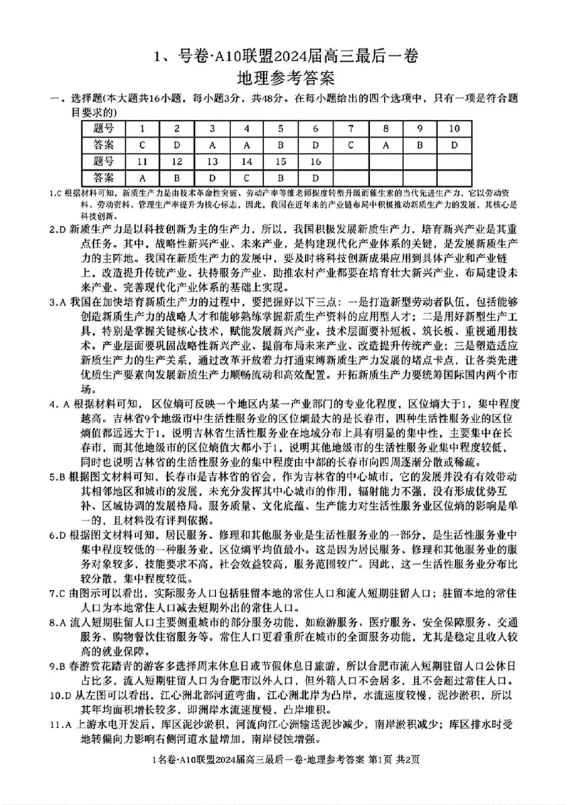 A10联盟最后一卷地理答案_2024年5月_01按日期_20号_2024届安徽省1号卷A10联盟高三最后一卷_安徽省1号卷A10联盟2024届高三最后一卷地理