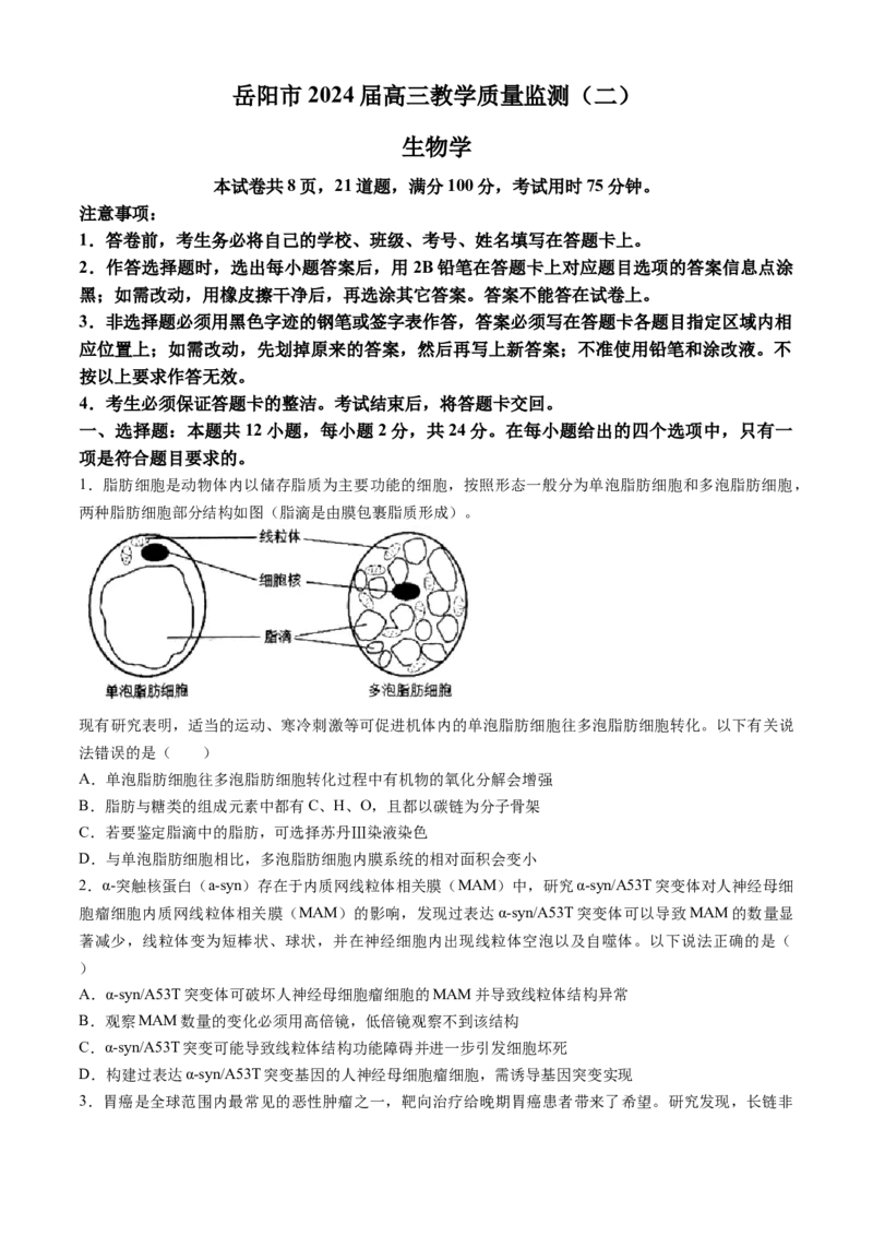 2024届湖南省岳阳市高三下学期第二次教学质量监测（岳阳二模）生物(1)_2024年3月_013月合集_2024届湖南省岳阳市高三下学期第二次教学质量监测（岳阳二模）