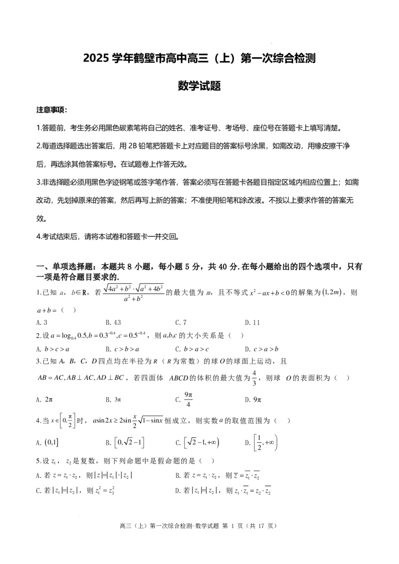 河南鹤壁高中2025届高三上学期第一次综合检测（7月）数学试题+答案(1)_8月_240804河南鹤壁高中2025届高三上学期第一次综合检测（7月）