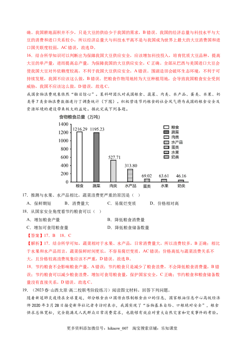 2.3中国的耕地资源与粮食安全-2022-2023学年高二地理课后培优分级练（人教版2019选择性必修3）（解析版）_E015高中全科试卷_地理试题_选修3_2.同步练习_课后培优练2023年（第一套）