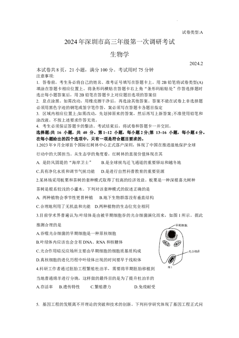 2024年深圳市高三年级第一次调研考试生物试题（文字版）_2024年3月_013月合集_2024届广东省深圳市高三一模考试_2024年深圳市高三年级第一次调研考试生物