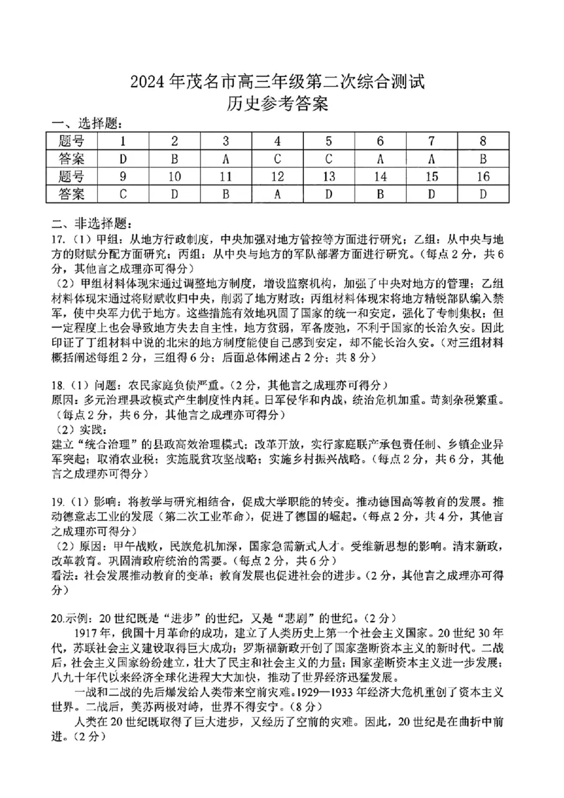 2024年茂名市高三年级第二次综合测试历史答案_2024年4月_01按日期_15号_2024届广东省茂名高三年级第二次综合测试_2024年茂名市高三年级第二次综合测试历史