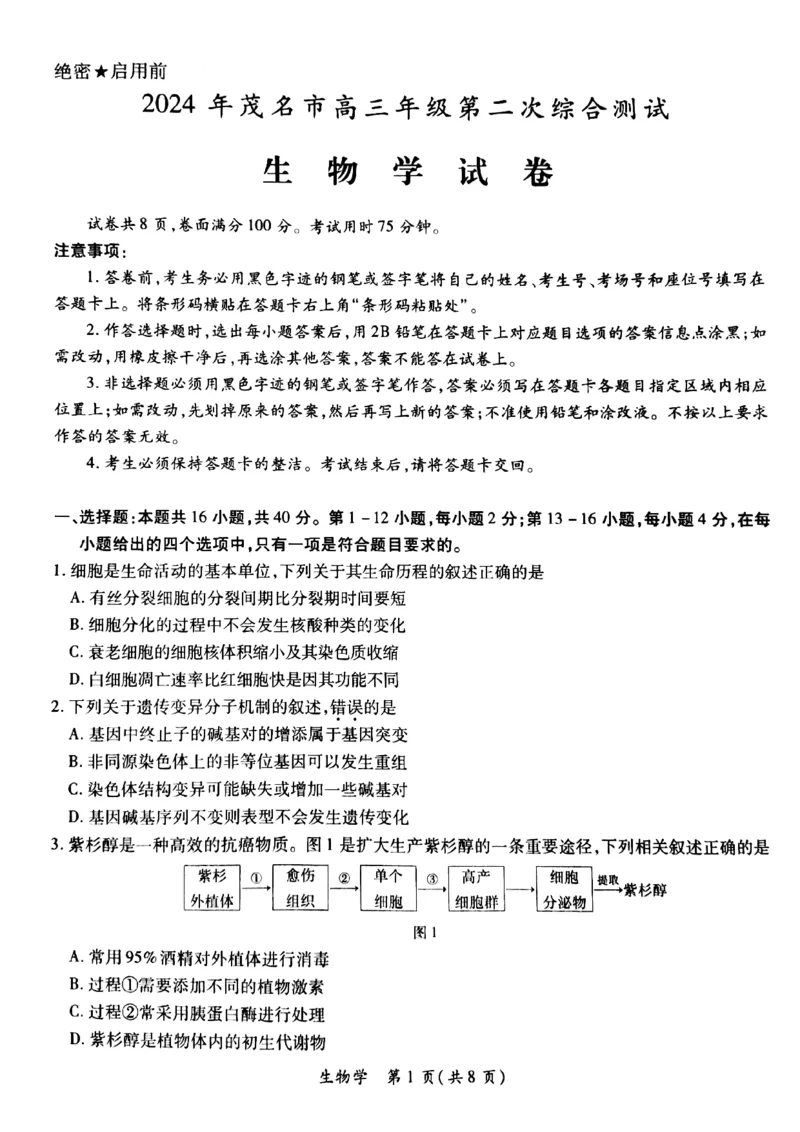 2024年茂名市高三年级第二次综合测试生物试卷_2024年4月_01按日期_15号_2024届广东省茂名高三年级第二次综合测试_2024年茂名市高三年级第二次综合测试生物