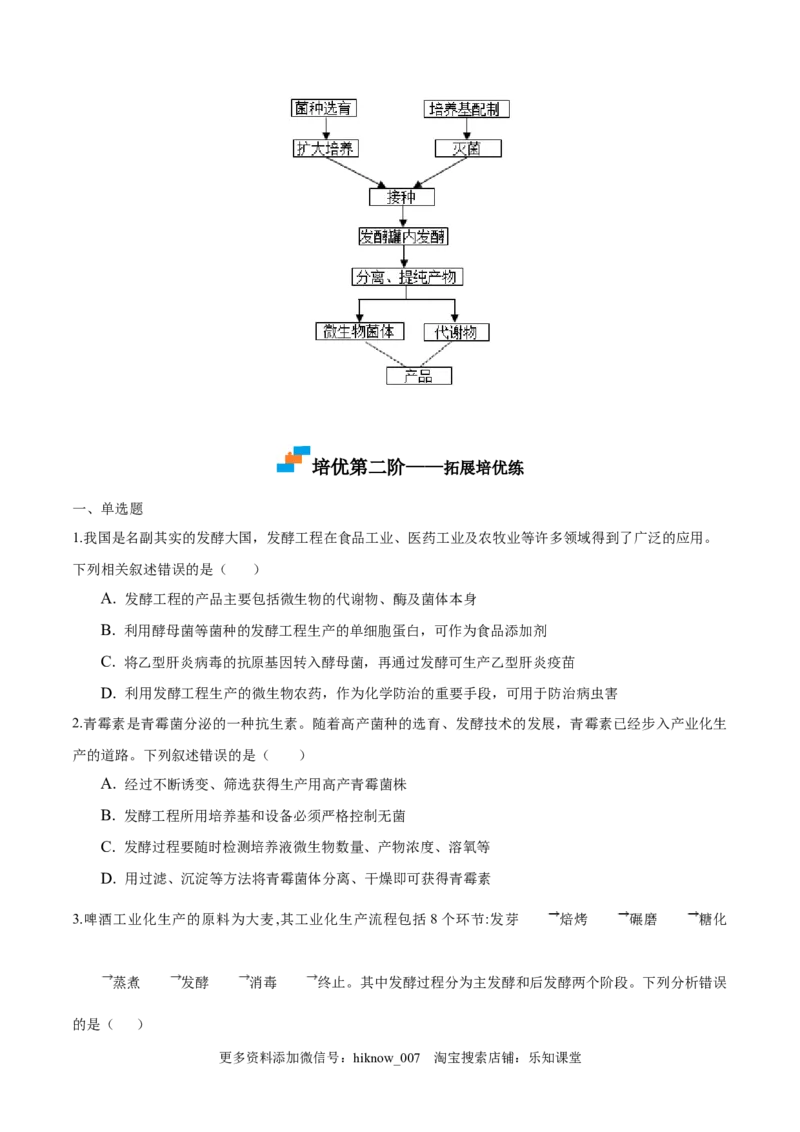1.3发酵工程及其应用-2022-2023学年高二生物课后培优分级练（人教版2019选择性必修3）（原卷版）_E015高中全科试卷_生物试题_选修3_2.同步练习_1.课后培优练2023