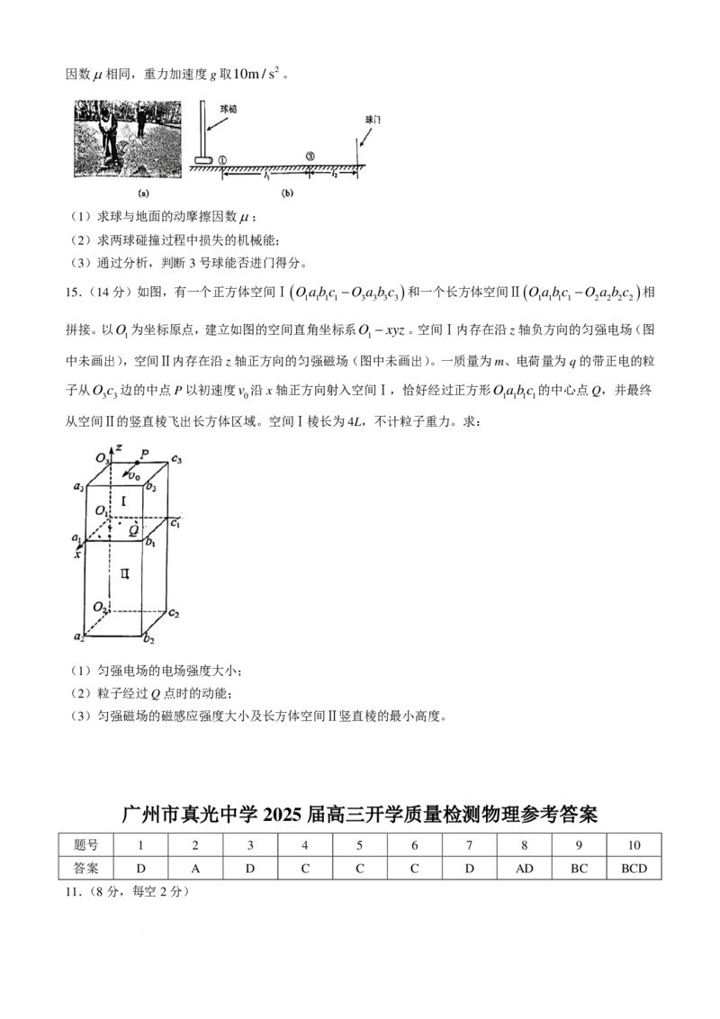 广东省广州市真光中学2025届高三8月开学质量检测物理试卷+答案(1)_8月_240808广东省广州市真光中学2025届高三8月开学质量检测