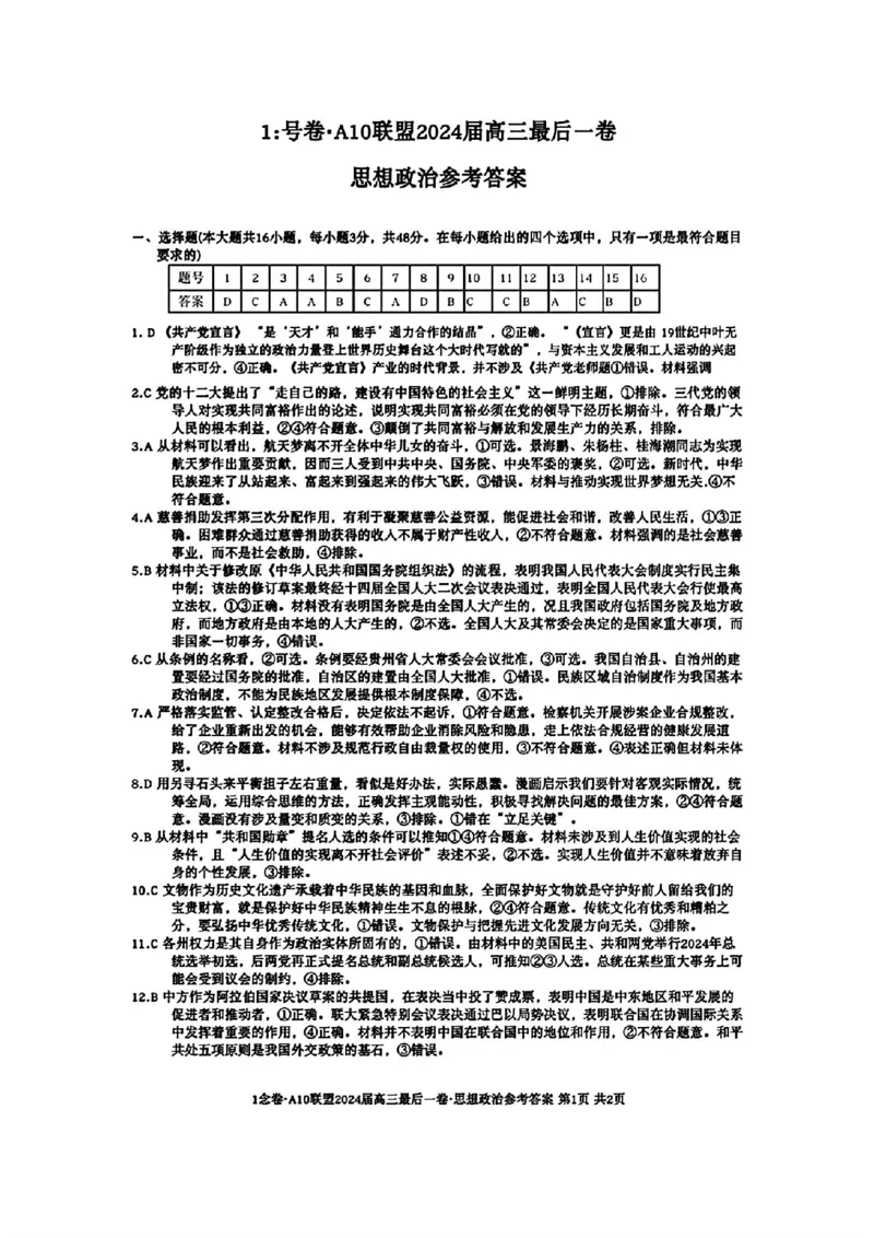 A10联盟最后一卷政治答案_2024年5月_01按日期_20号_2024届安徽省1号卷A10联盟高三最后一卷_安徽省1号卷A10联盟2024届高三最后一卷政治