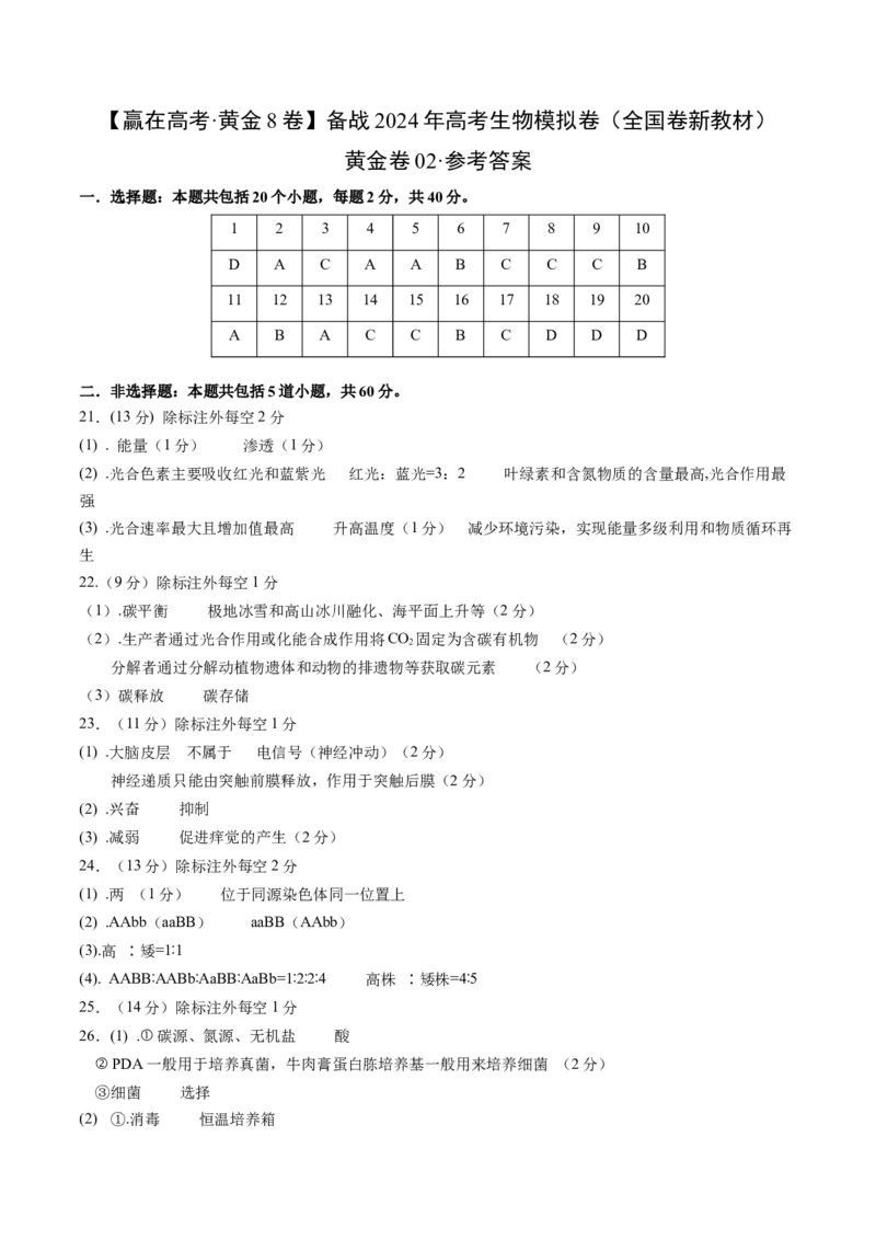 黄金卷02（新教材单科）-赢在高考&middot;黄金8卷备战2024年高考生物模拟卷（全国卷专用）（参考答案）_2024高考押题卷_92024赢在高考全系列