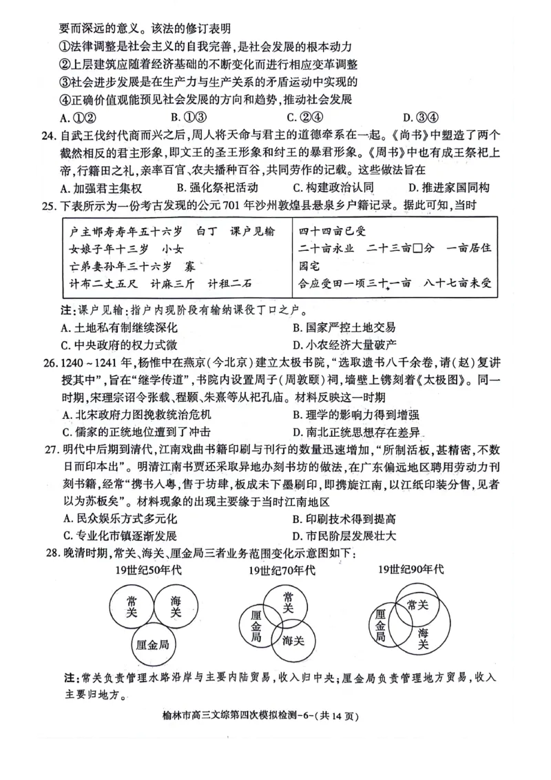 2024届陕西省榆林市高三下学期第四次模拟考试文综试题(1)_2024年5月_025月合集_2024届陕西省榆林市高三下学期第四次模拟考试