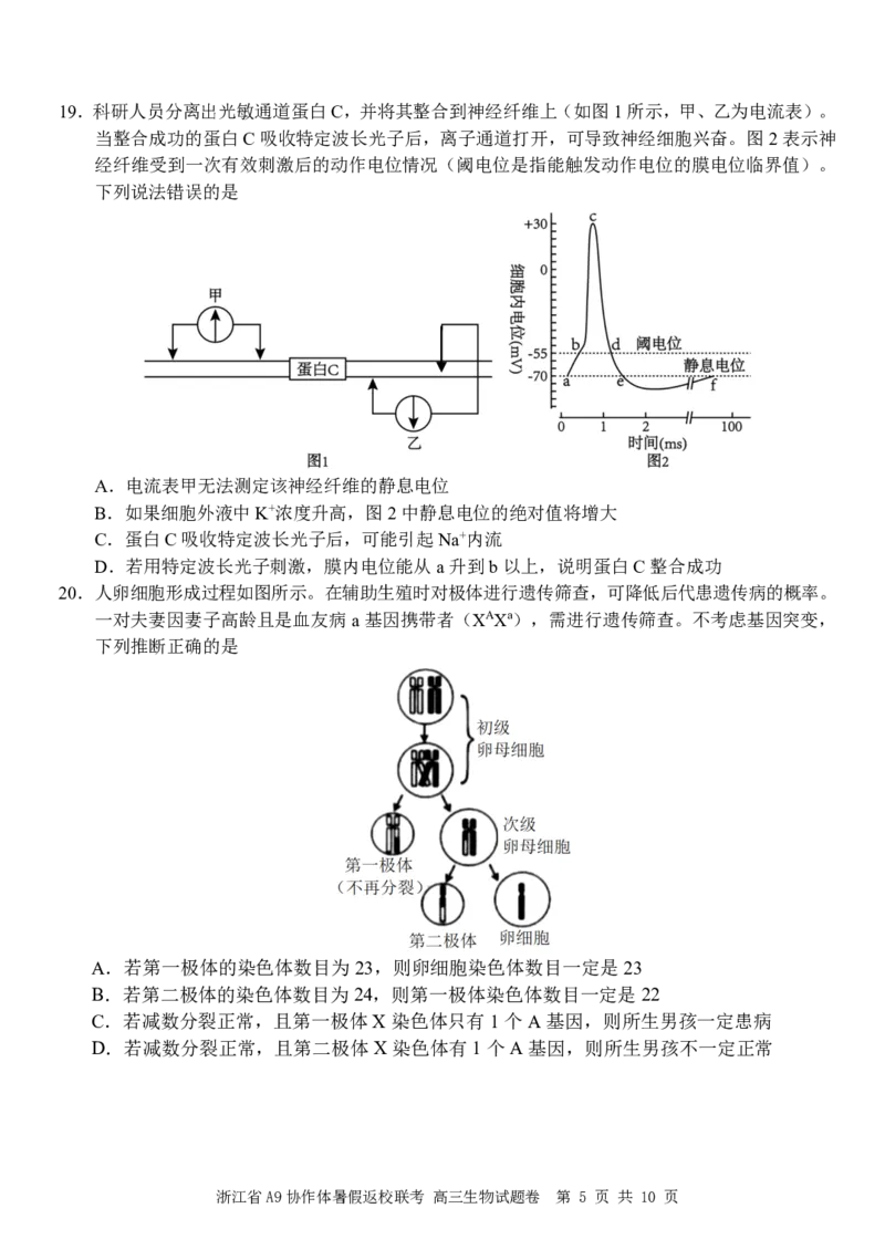 浙江省A9协作体2025届2024年8月高三年级八月暑期返校联考生物试卷_8月_240823浙江省A9协作体2025届2024年8月高三年级八月暑期返校联考