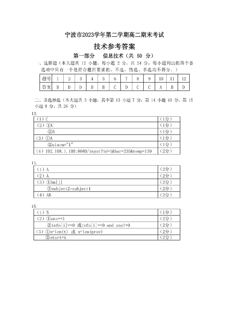 浙江省宁波市2023-2024学年高二下学期6月期末考试技术试题_6月_240621浙江省宁波市2023-2024学年高二下学期6月期末考试
