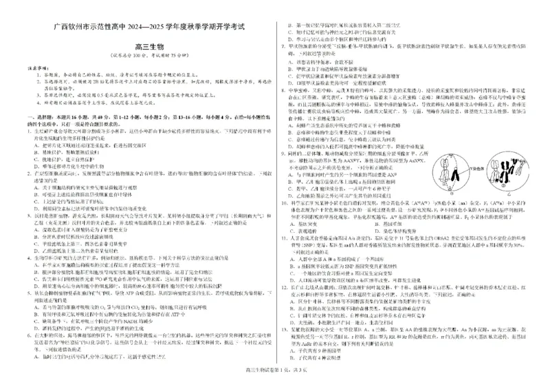 广西钦州市示范性高中2024-2025学年高三上学期开学考试生物试题(1)_8月_240814广西钦州市示范性高中2024&mdash;2025学年高三上学期开学考试