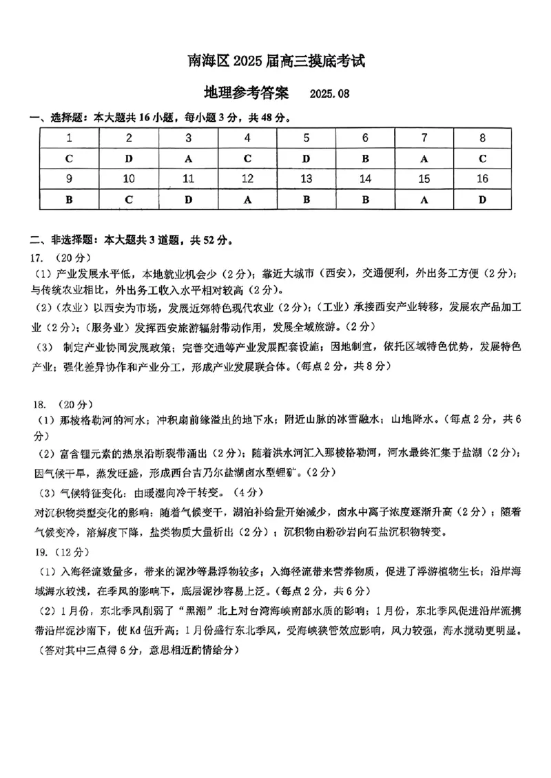 地理答案_9月_240901广东省佛山市南海区2024-2025学年高三上学期开学摸底测试