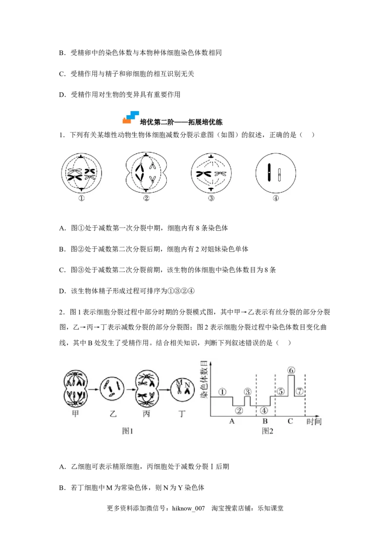 2.1减数分裂和受精作用（原卷版）_E015高中全科试卷_生物试题_必修2_2.同步练习_2、课后培优练2023_2.1+减数分裂和受精作用-2022-2023学年高一生物课后培优分级练（人教版2019必修2）