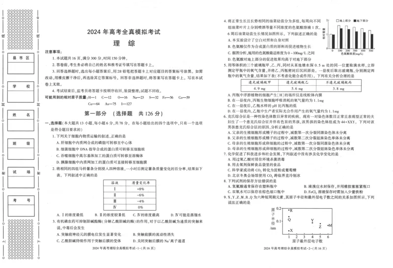 2024届陕西省部分学校高三下学期5月第一次模拟考试理综试题(1)_2024年5月_025月合集_2024届陕西省学林高考全真模拟考试