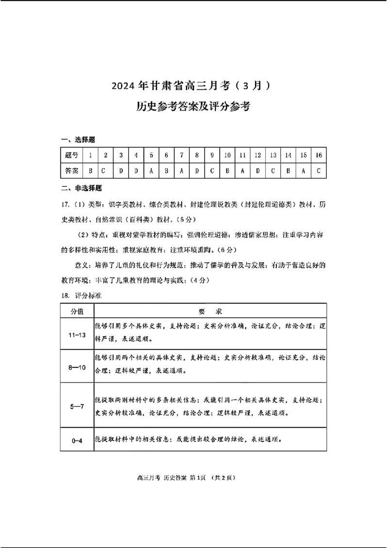 2024甘肃省高三3月月考试卷（一诊）历史含(1)_2024年3月_013月合集_2024届甘肃省高三3月月考试卷（一诊）