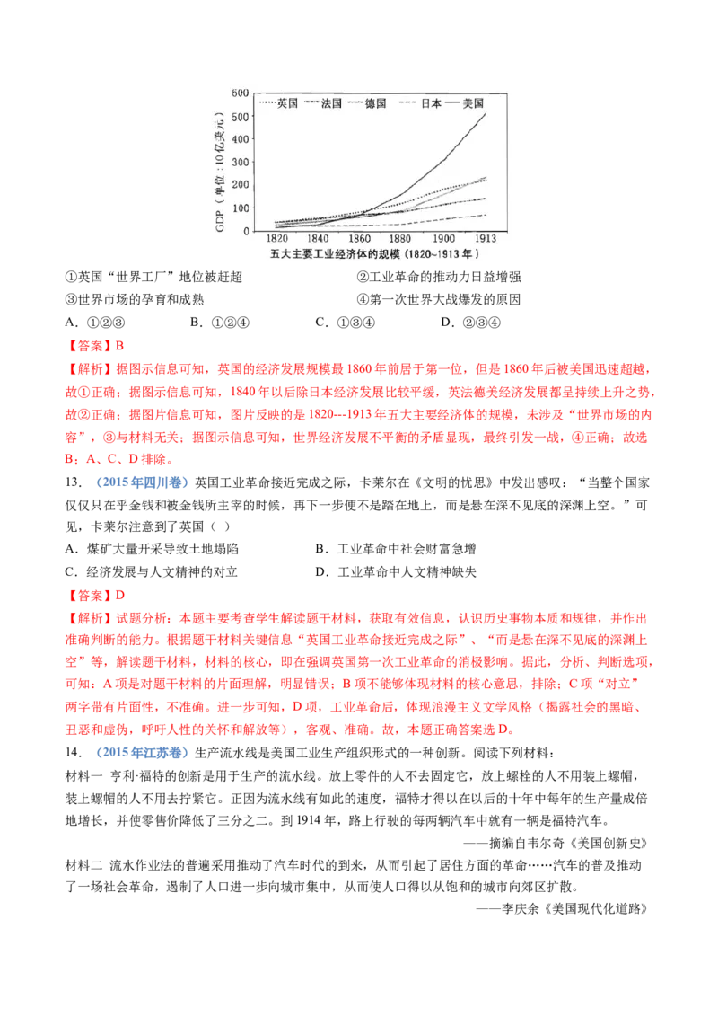 专题14工业革命与马克思主义的诞生（学生卷）_近10年高考真题汇编（必刷）_十年（2014-2024）高考历史真题分项汇编（全国通用）_十年（2014-2023）高考历史真题分项汇编（全国通用）