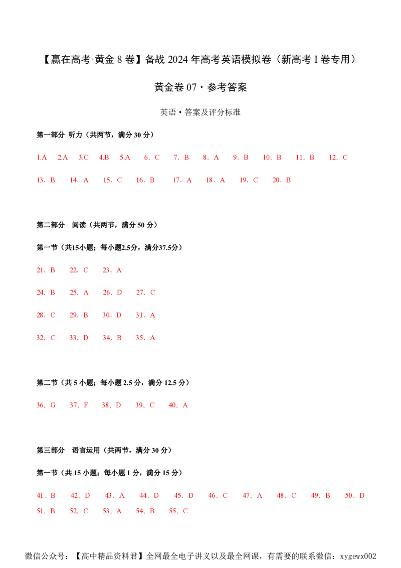 黄金卷07-赢在高考&middot;黄金8卷备战2024年高考英语模拟卷（新高考Ⅰ卷专用）（参考答案）_2024高考押题卷_92024赢在高考全系列_赢在高考&middot;黄金8卷备战2024年高考英语模拟卷
