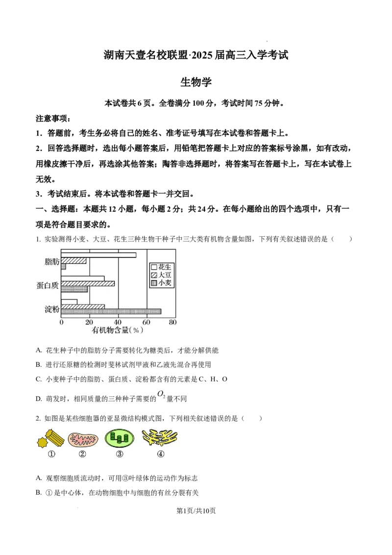 生物试卷（原卷版）_8月_240822湖南省湖南天壹名校联盟2025届高三8月入学联考考试_湖南省湖南天壹名校联盟2025届高三8月入学联考考试生物