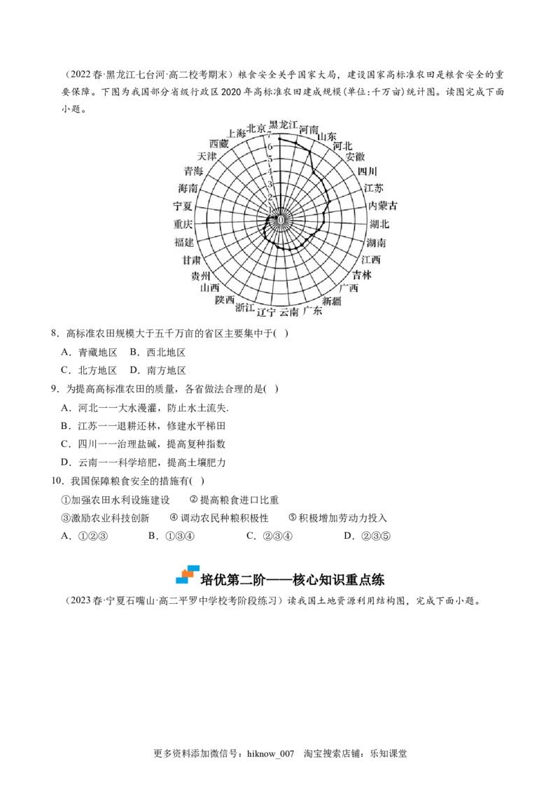 2.3中国的耕地资源与粮食安全-2022-2023学年高二地理课后培优分级练（人教版2019选择性必修3）（原卷版）_E015高中全科试卷_地理试题_选修3_2.同步练习_课后培优练2023年（第一套）