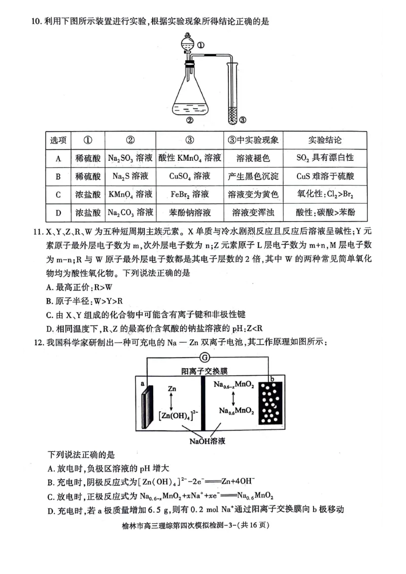2024届陕西省榆林市高三下学期第四次模拟考试理综试题(1)_2024年5月_025月合集_2024届陕西省榆林市高三下学期第四次模拟考试