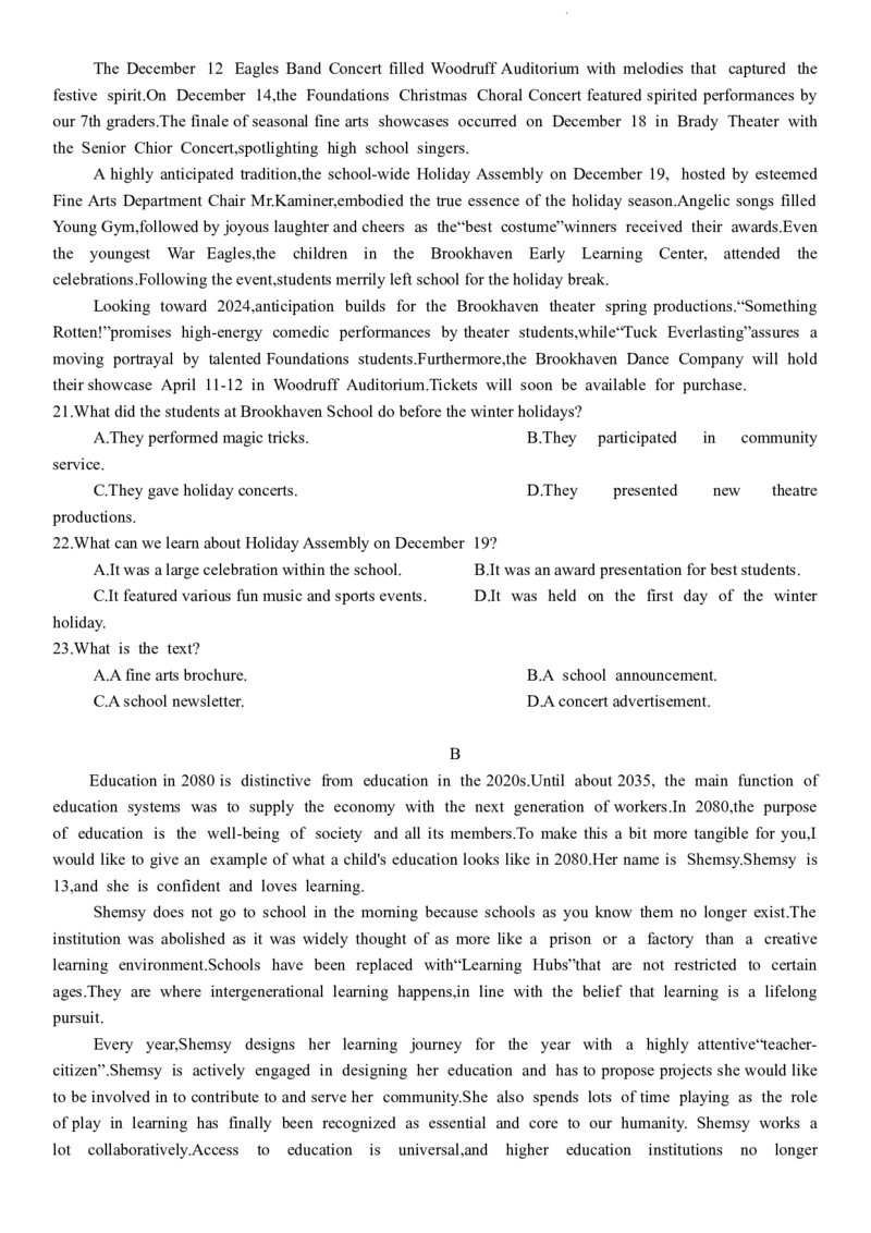 2024杭州二模英语试卷_2024年4月_01按日期_10号_2024届浙江省杭州市高三二模_2024届浙江省杭州市高三下学期二模英语试题