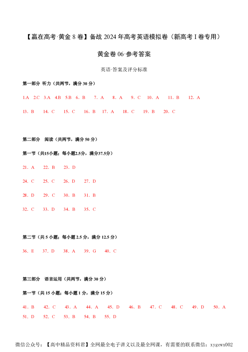 黄金卷06-赢在高考&middot;黄金8卷备战2024年高考英语模拟卷（新高考Ⅰ卷专用）（参考答案）_2024高考押题卷_92024赢在高考全系列_赢在高考&middot;黄金8卷备战2024年高考英语模拟卷