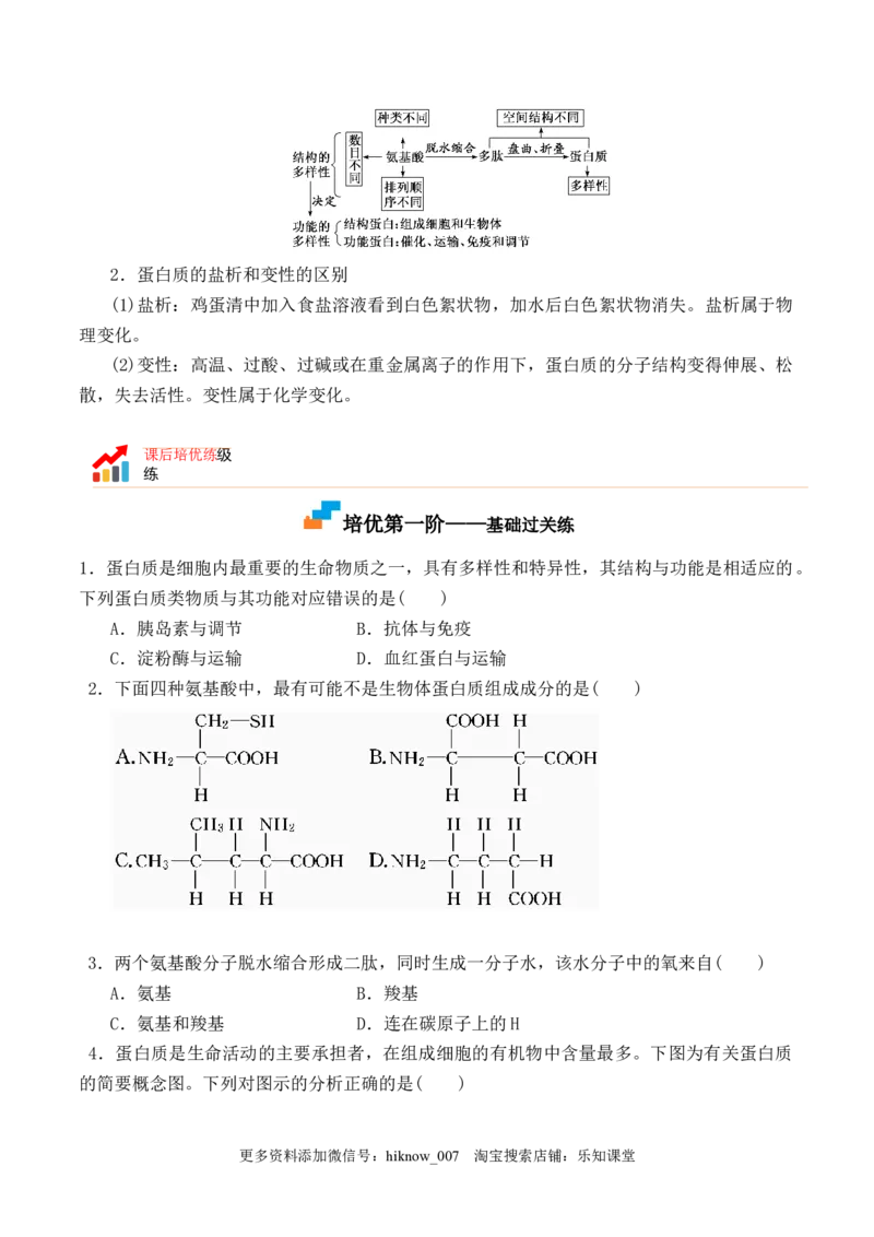 2.4蛋白质是生命活动的主要承担者-2022-2023学年高一生物上学期课后培优分级练（2019人教版必修1）（原卷版）_E015高中全科试卷_生物试题_必修1_2.同步练习_1.同步练习（第一套）