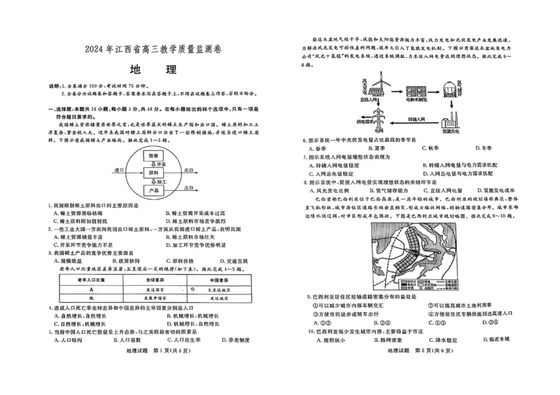 2024年江西省高三4月教学质量检测卷地理试题_2024年4月_01按日期_14号_2024届江西省赣抚吉高三4月恩博联考_2024年江西省恩博高三4月联考赣抚吉地理题(含答案)