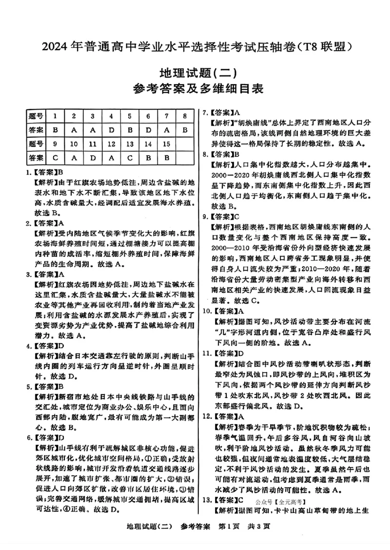 2024届湖北省T8联盟高三下学期压轴考试（二）地理试题(1)_2024年5月_025月合集_2024届湖北省T8联盟高三下学期压轴考试（一模）
