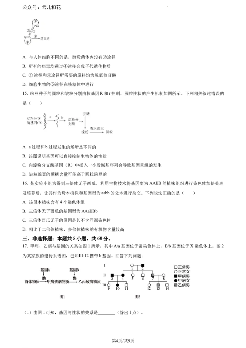 云南省楚雄彝族自治州2023-2024学年高一下学期7月期末生物试题_2024-2025高一（7-7月题库）_2024年8月试卷_0804云南省楚雄州2023-2024学年高一下学期期末考试