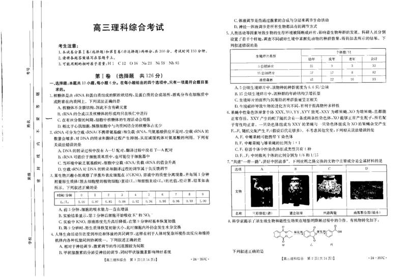 内蒙古2024届高三下学期开学考试理综(1)_2024年2月_022月合集_2024届内蒙古高三下学期开学考试（金太阳357C）