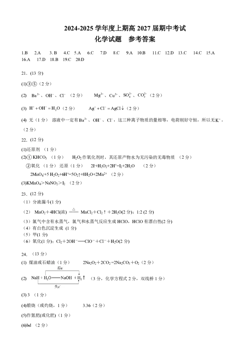 四川省成都市第七中学2024-2025学年高一上学期11月期中考试化学PDF版含答案_2024-2025高一（7-7月题库）_2024年11月试卷_1113四川省成都市第七中学2024-2025学年高一上学期11月期中考试